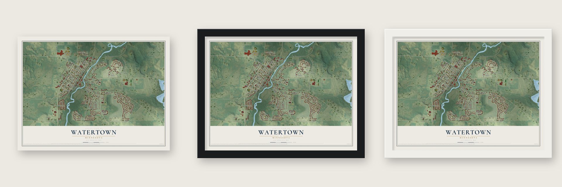 Watertown, Minnesota map unframed, in a black wood frame and in a white wood frame