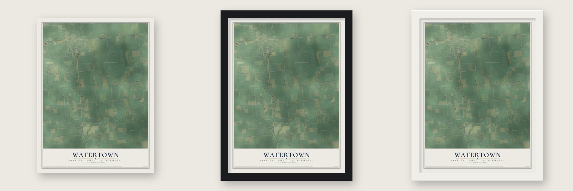 Watertown, Sanilac County, Michigan map unframed, in a black wood frame and in a white wood frame