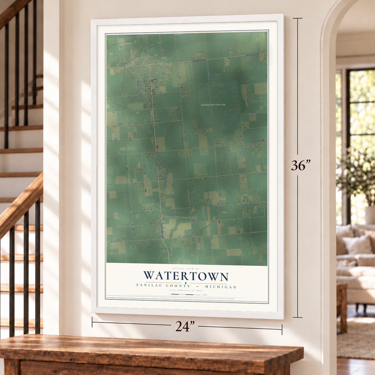 Watertown, Sanilac County, Michigan map, 24 x 36 inch print in a white frame by a staircase