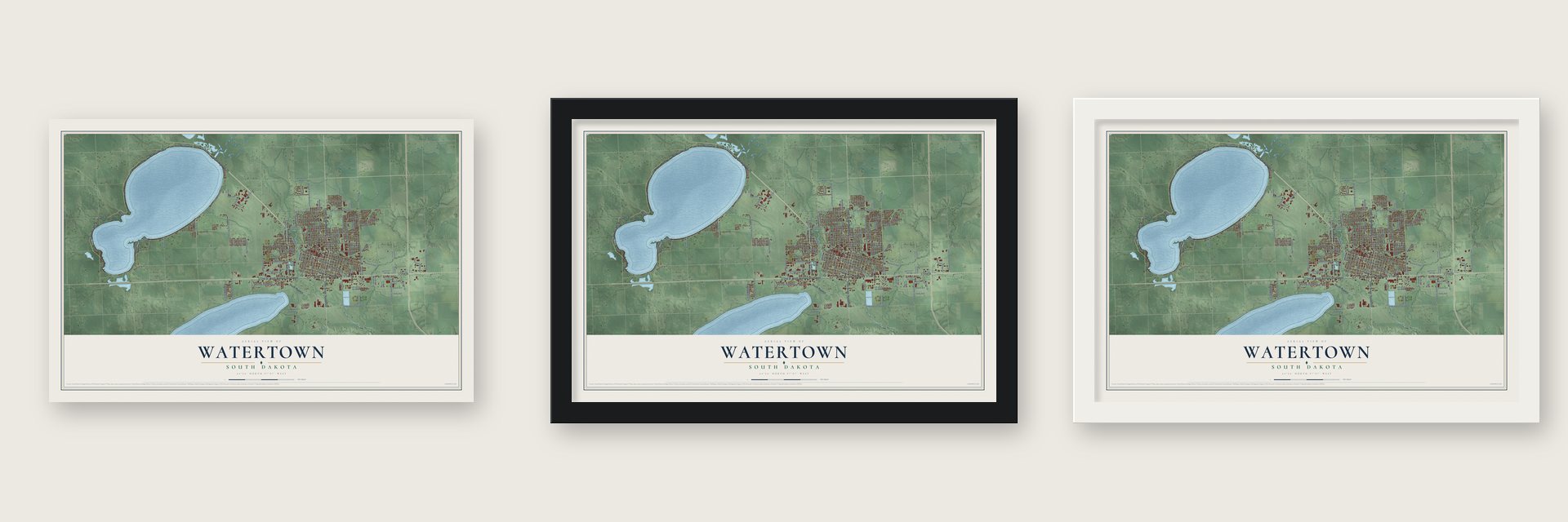 Watertown, South Dakota map unframed, in a black wood frame and in a white wood frame