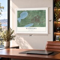 Watertown, South Dakota map, 18 x 24 inch print in a white frame in a home office