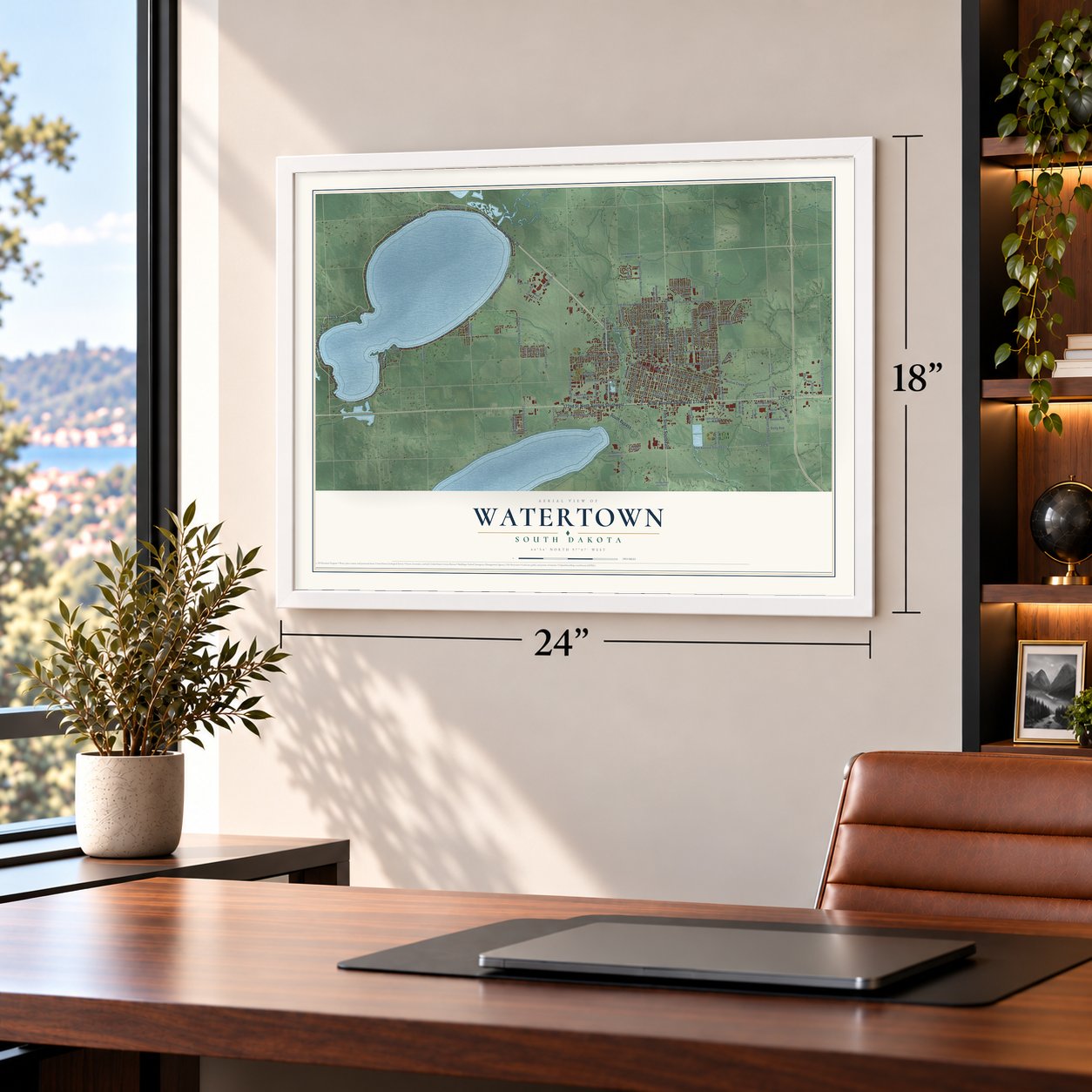 Watertown, South Dakota map, 18 x 24 inch print in a white frame in a home office