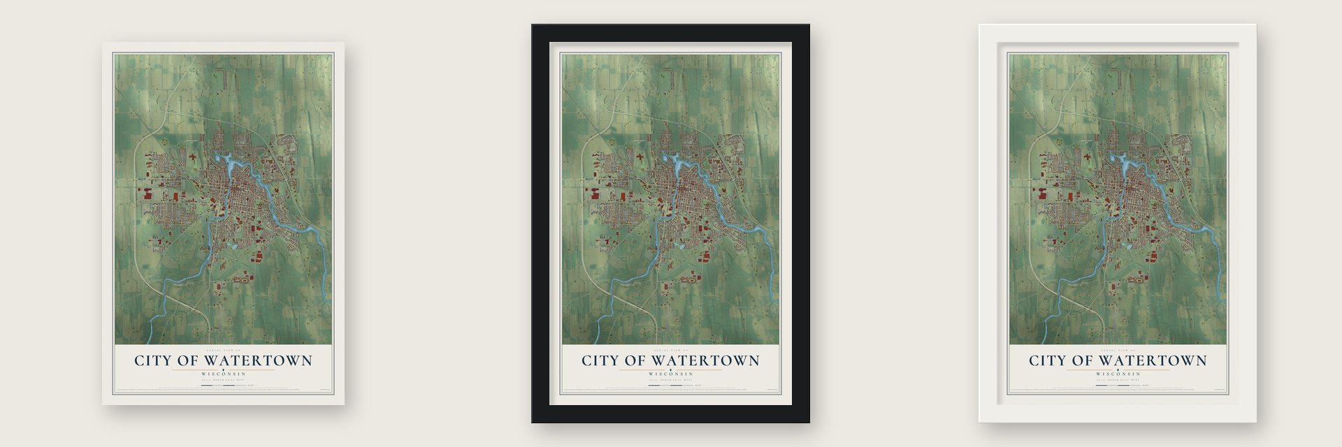 Watertown, Wisconsin map unframed, in a black wood frame and in a white wood frame