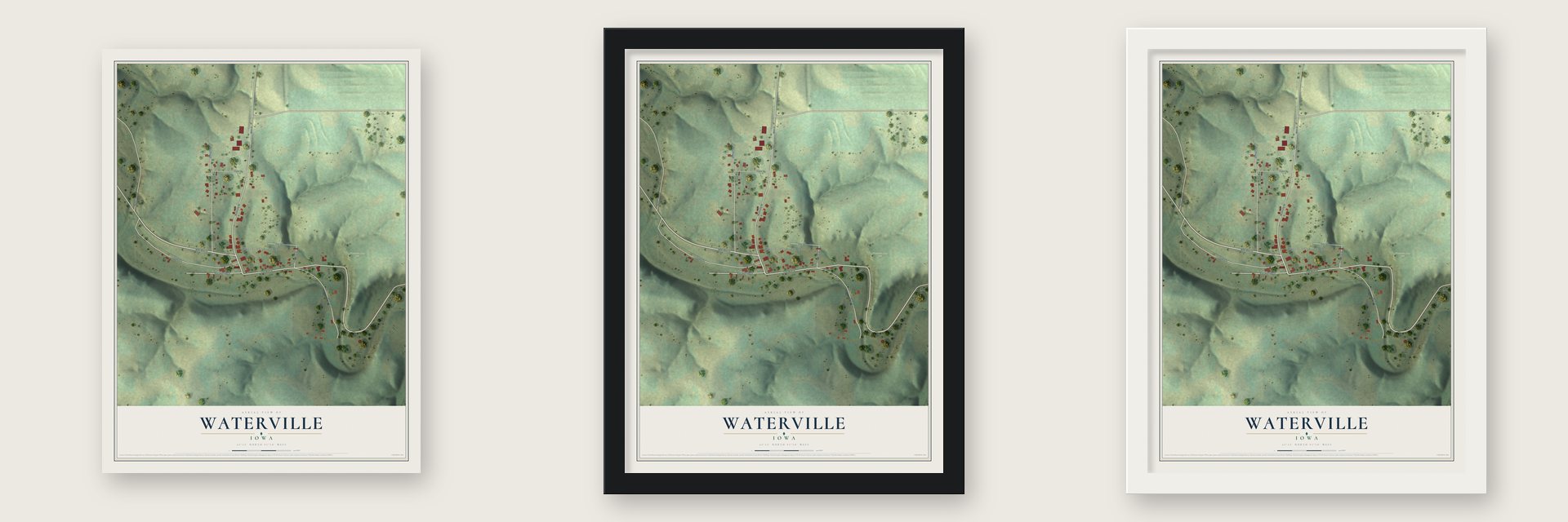 Waterville, Iowa map unframed, in a black wood frame and in a white wood frame