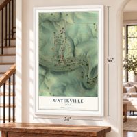 Waterville, Iowa map, 24 x 36 inch print in a white frame by a staircase