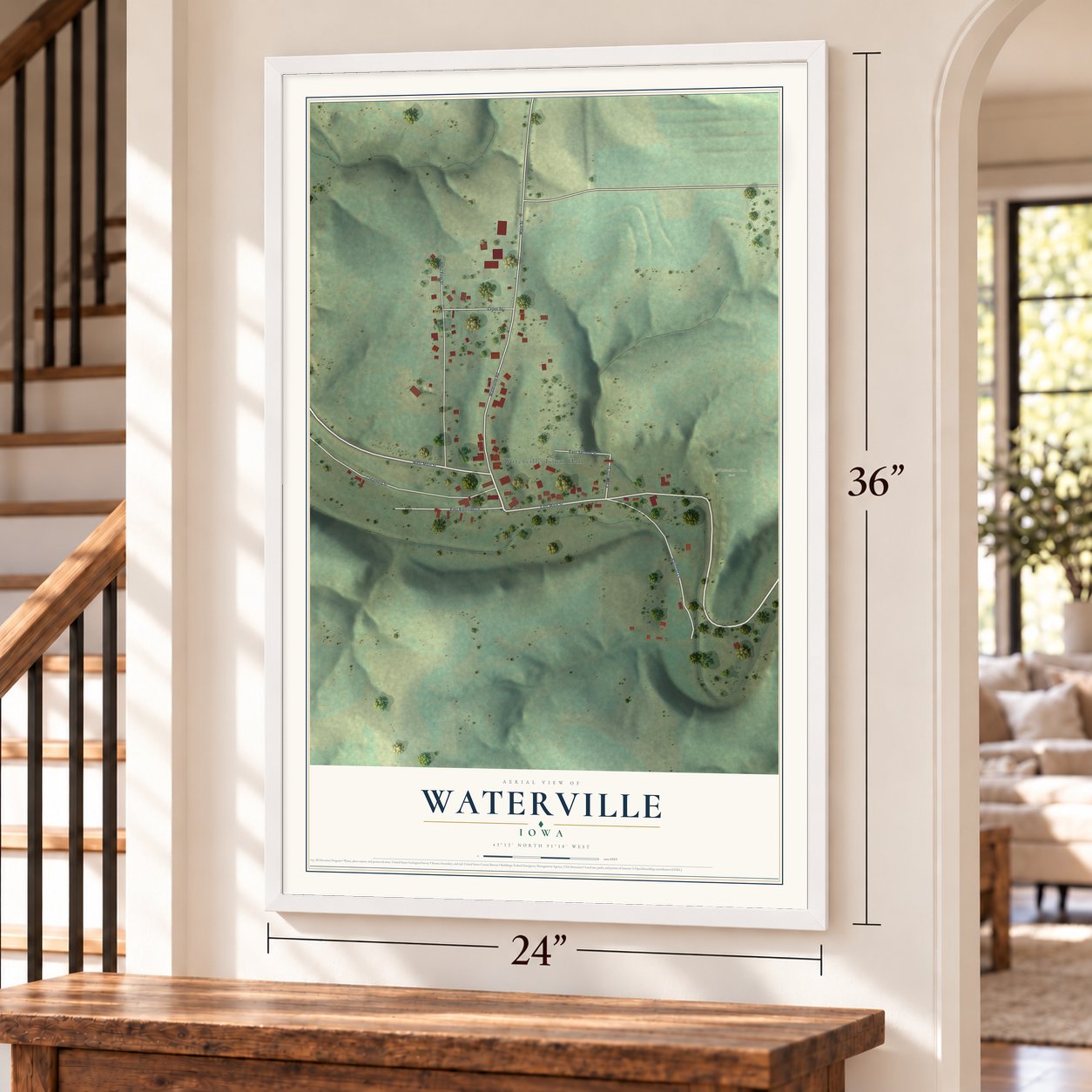 Waterville, Iowa map, 24 x 36 inch print in a white frame by a staircase