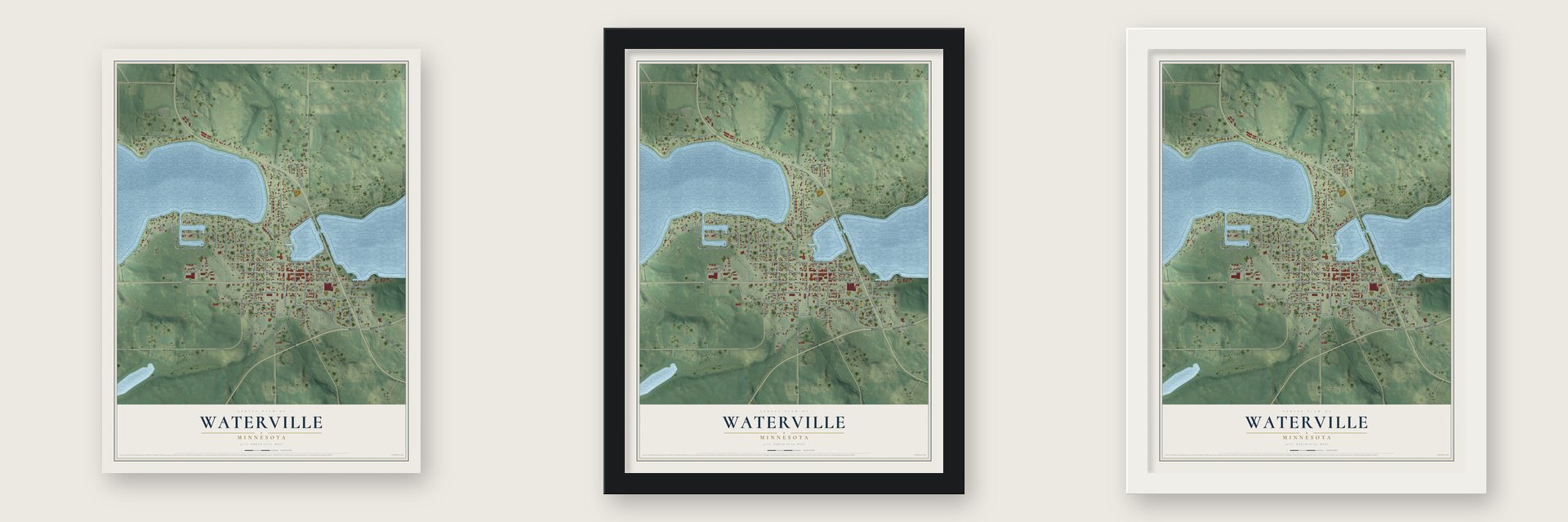 Waterville, Minnesota map unframed, in a black wood frame and in a white wood frame