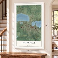 Waterville, Minnesota map, 24 x 36 inch print in a white frame by a staircase