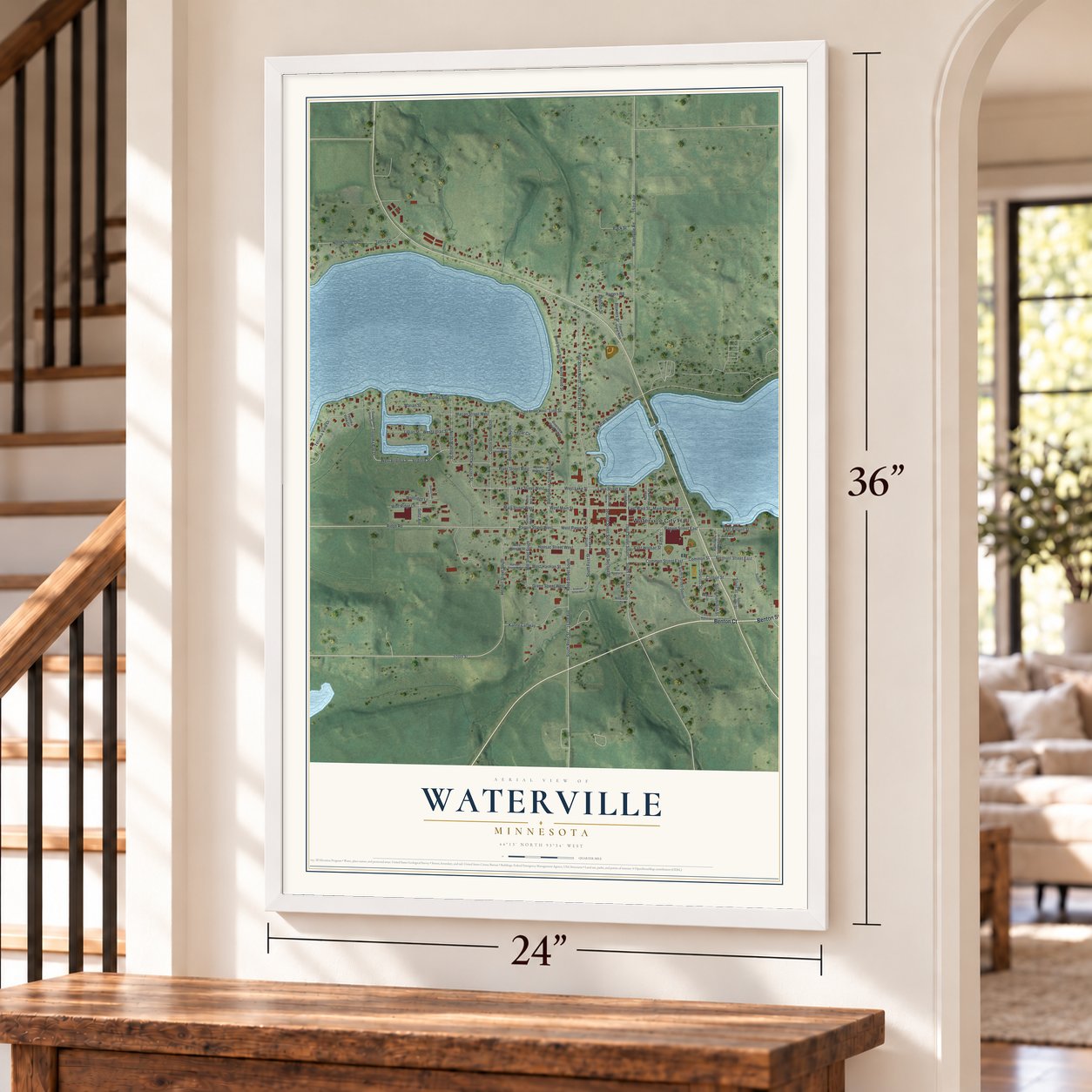 Waterville, Minnesota map, 24 x 36 inch print in a white frame by a staircase