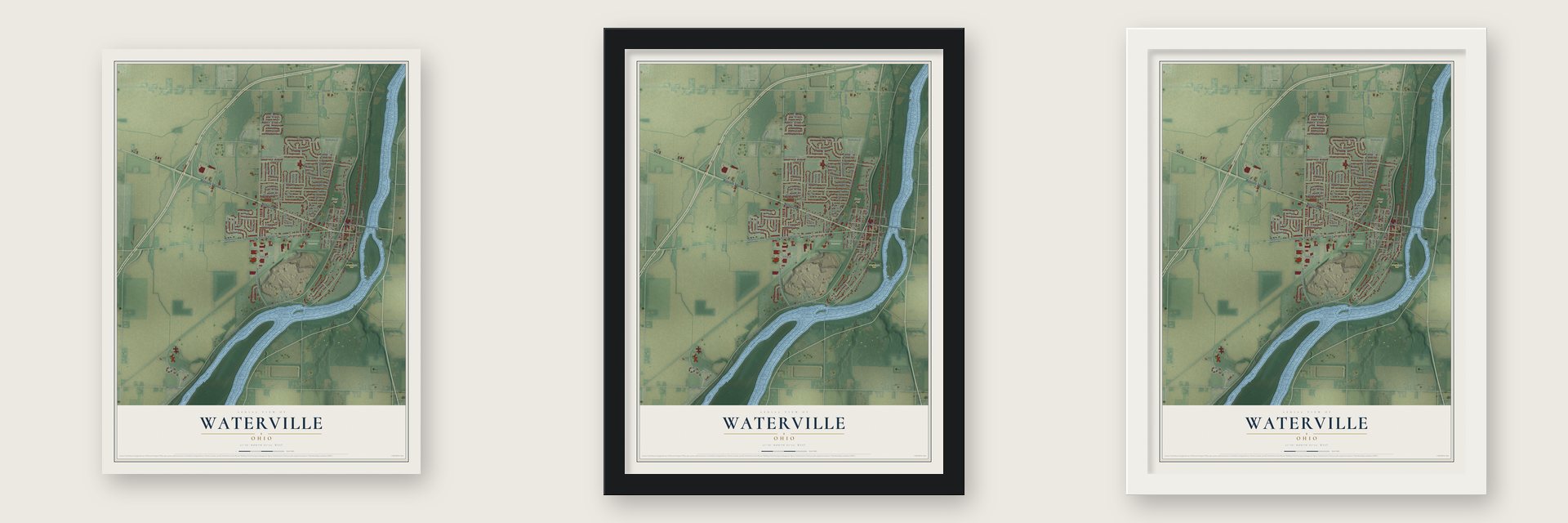 Waterville, Ohio map unframed, in a black wood frame and in a white wood frame