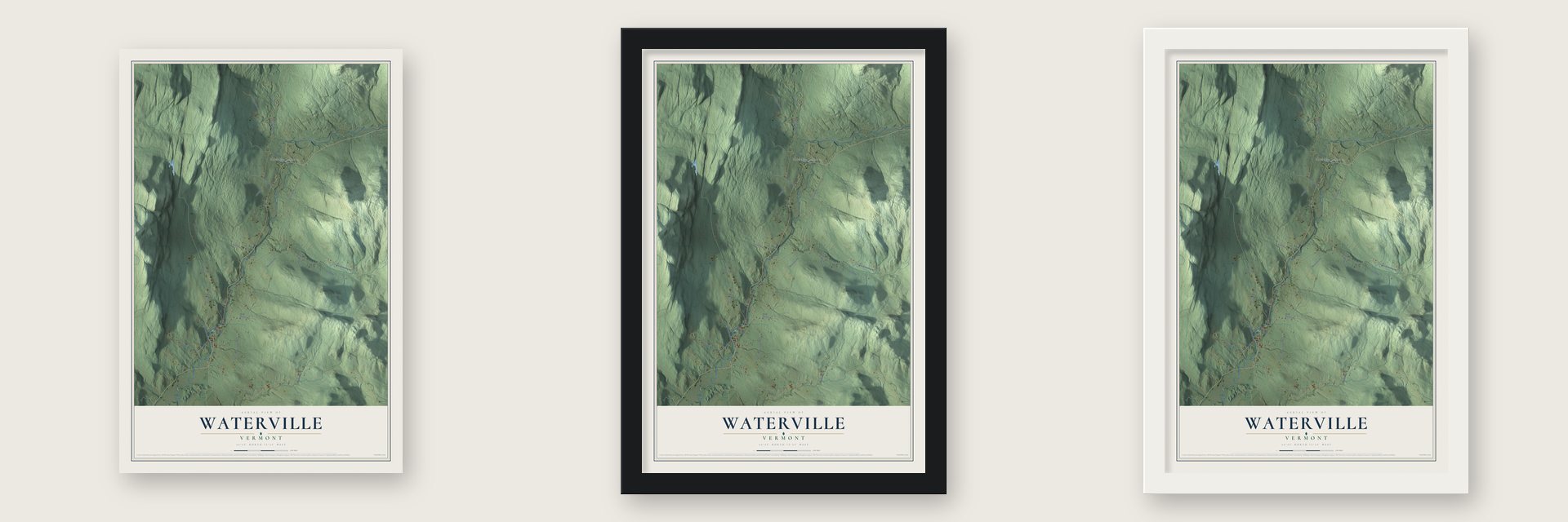 Waterville, Vermont map unframed, in a black wood frame and in a white wood frame