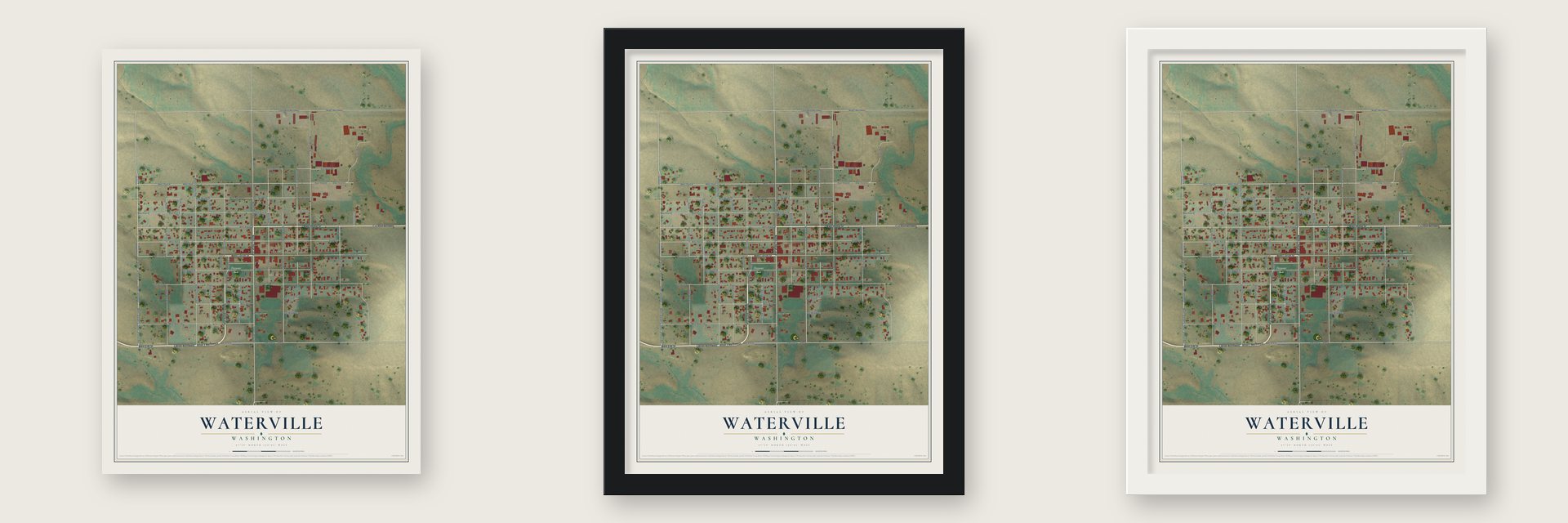 Waterville, Washington map unframed, in a black wood frame and in a white wood frame
