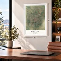 Waterville, Washington map, 18 x 24 inch print in a white frame in a home office