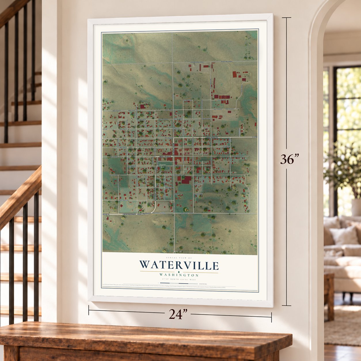 Waterville, Washington map, 24 x 36 inch print in a white frame by a staircase