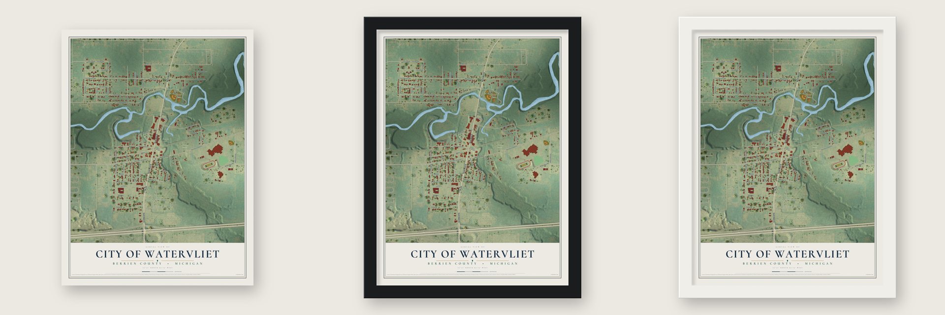 Watervliet, Michigan map unframed, in a black wood frame and in a white wood frame