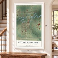 Watervliet, Michigan map, 24 x 36 inch print in a white frame by a staircase