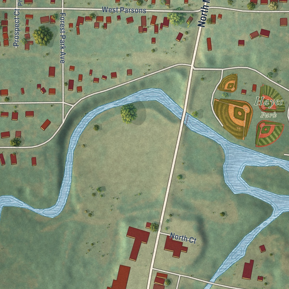 Second close-up of the map of Watervliet, Michigan print showing more streets and buildings