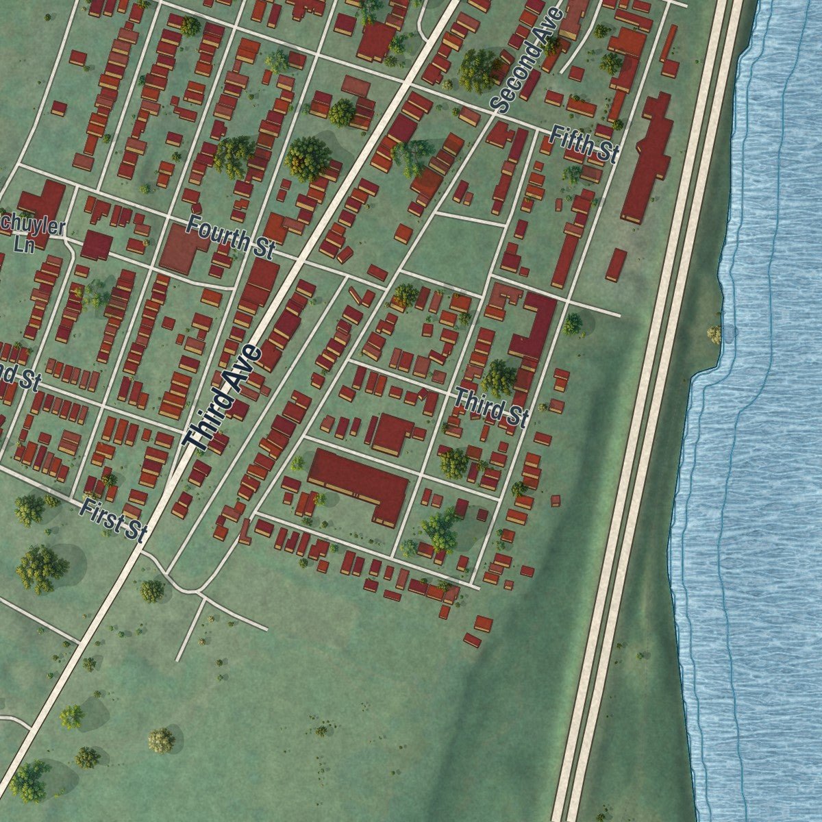 Second close-up of the map of Watervliet, New York print showing more streets and buildings