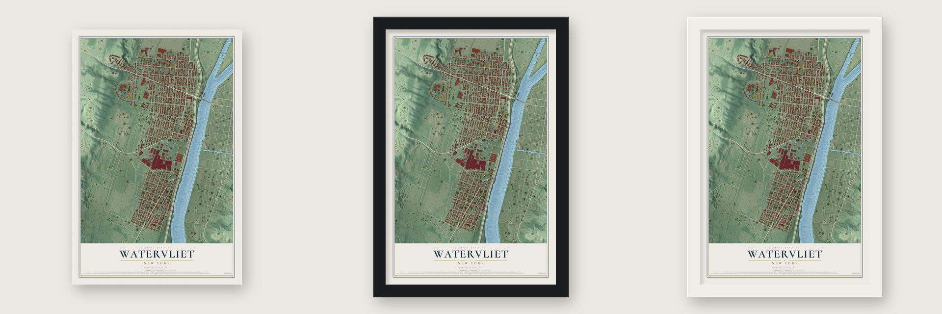 Watervliet, New York map unframed, in a black wood frame and in a white wood frame