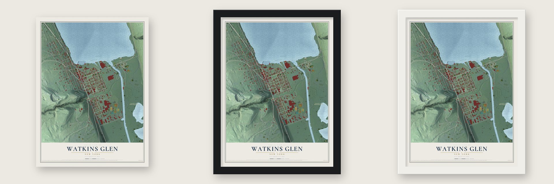 Watkins Glen, New York map unframed, in a black wood frame and in a white wood frame