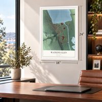 Watkins Glen, New York map, 18 x 24 inch print in a white frame in a home office