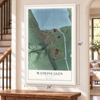 Watkins Glen, New York map, 24 x 36 inch print in a white frame by a staircase