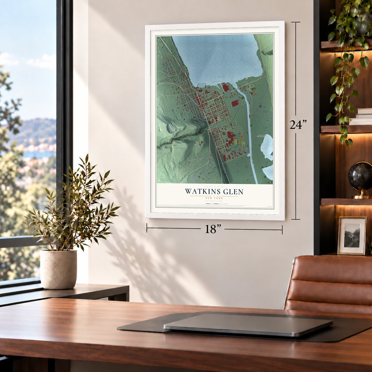 Watkins Glen, New York map, 18 x 24 inch print in a white frame in a home office