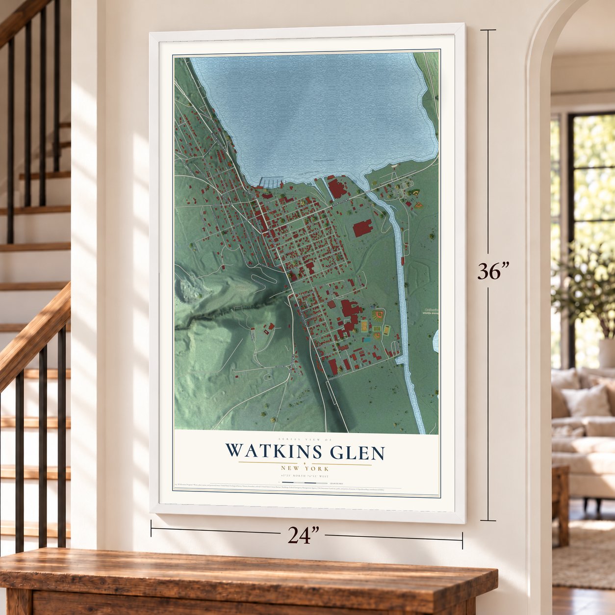 Watkins Glen, New York map, 24 x 36 inch print in a white frame by a staircase