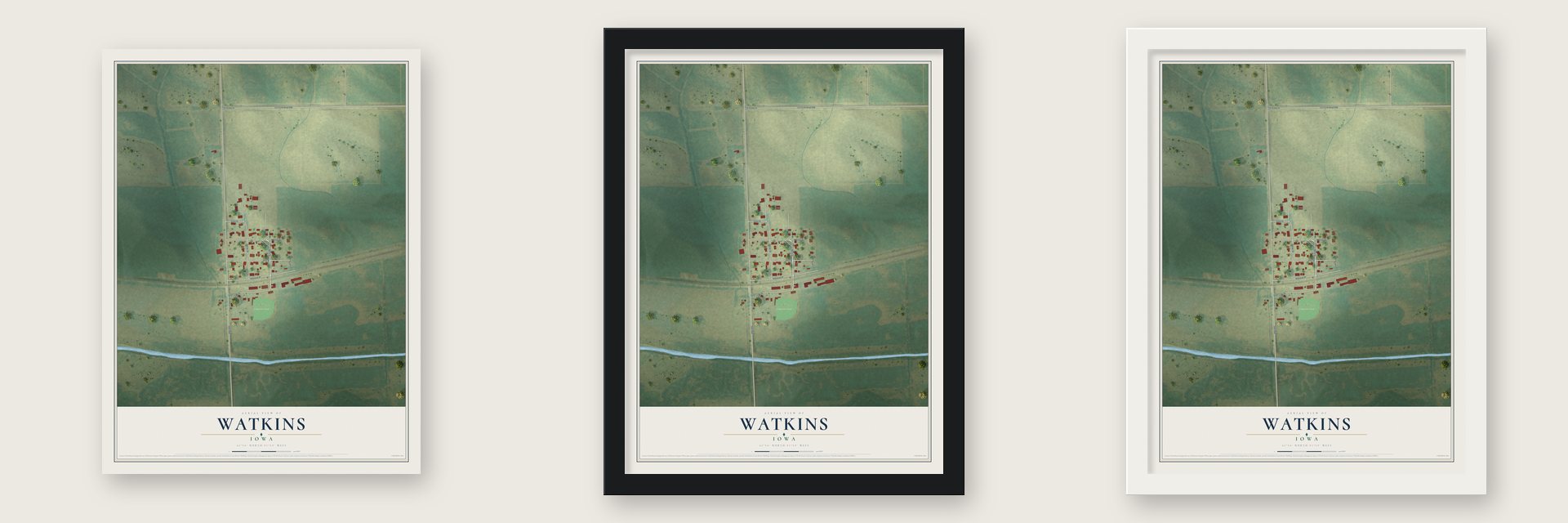 Watkins, Iowa map unframed, in a black wood frame and in a white wood frame