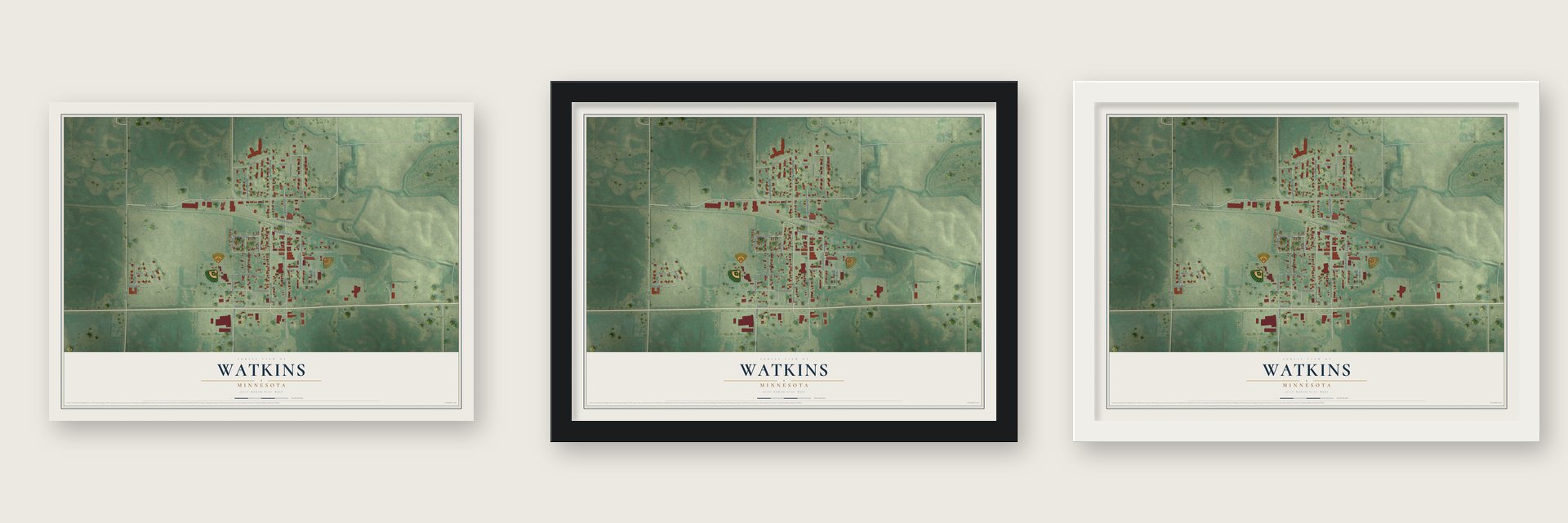 Watkins, Minnesota map unframed, in a black wood frame and in a white wood frame