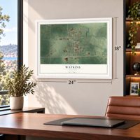 Watkins, Minnesota map, 18 x 24 inch print in a white frame in a home office