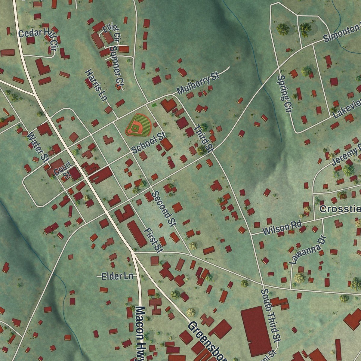 Second close-up of the map of Watkinsville, Georgia print showing more streets and buildings
