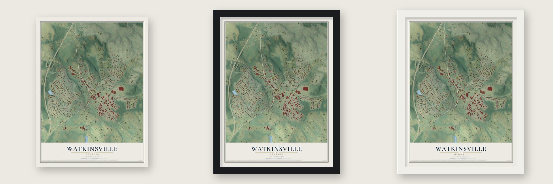 Watkinsville, Georgia map unframed, in a black wood frame and in a white wood frame