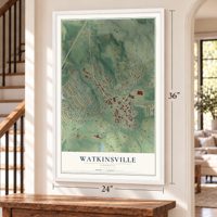Watkinsville, Georgia map, 24 x 36 inch print in a white frame by a staircase