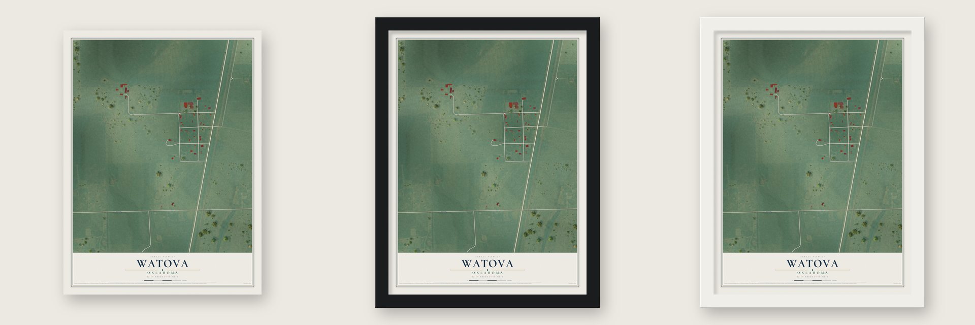 Watova, Oklahoma map unframed, in a black wood frame and in a white wood frame