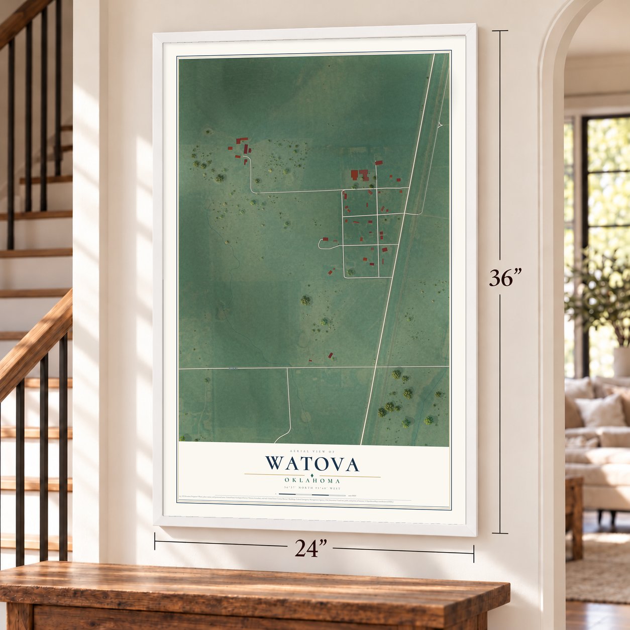 Watova, Oklahoma map, 24 x 36 inch print in a white frame by a staircase