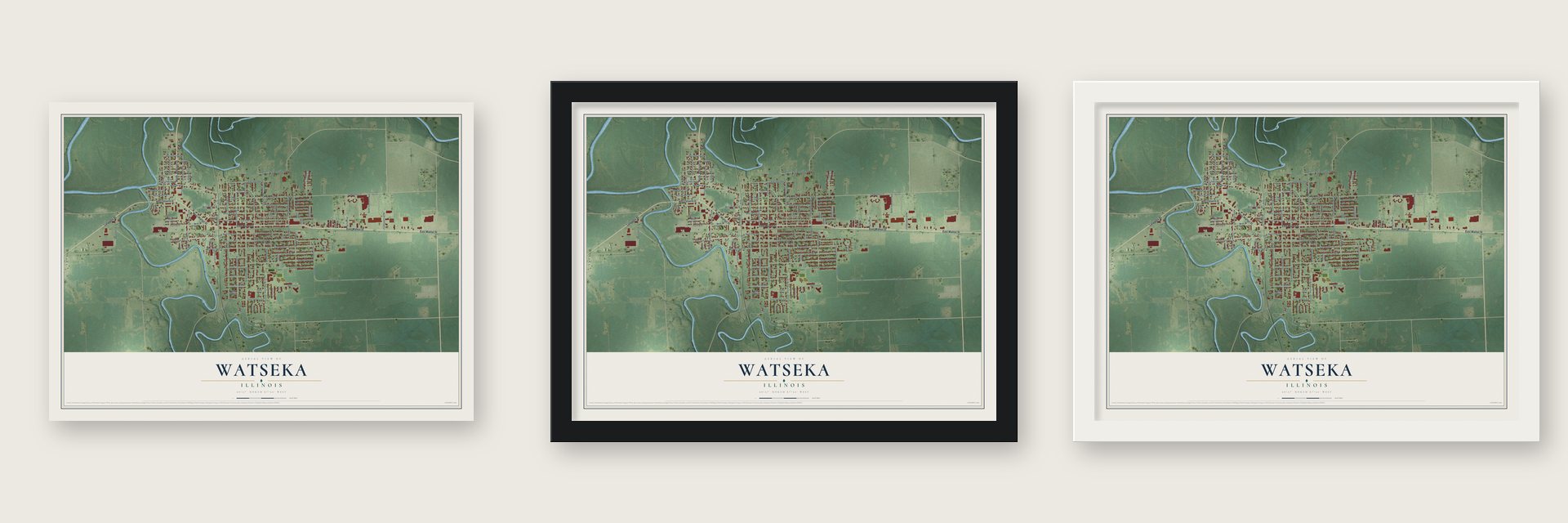 Watseka, Illinois map unframed, in a black wood frame and in a white wood frame
