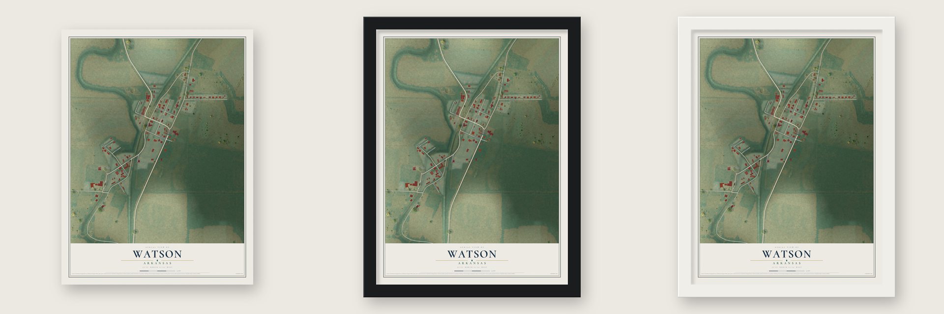 Watson, Arkansas map unframed, in a black wood frame and in a white wood frame