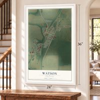 Watson, Arkansas map, 24 x 36 inch print in a white frame by a staircase