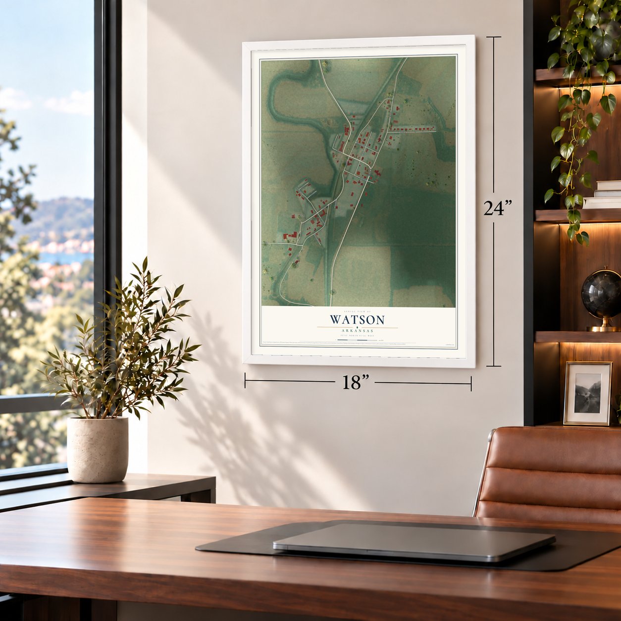Watson, Arkansas map, 18 x 24 inch print in a white frame in a home office