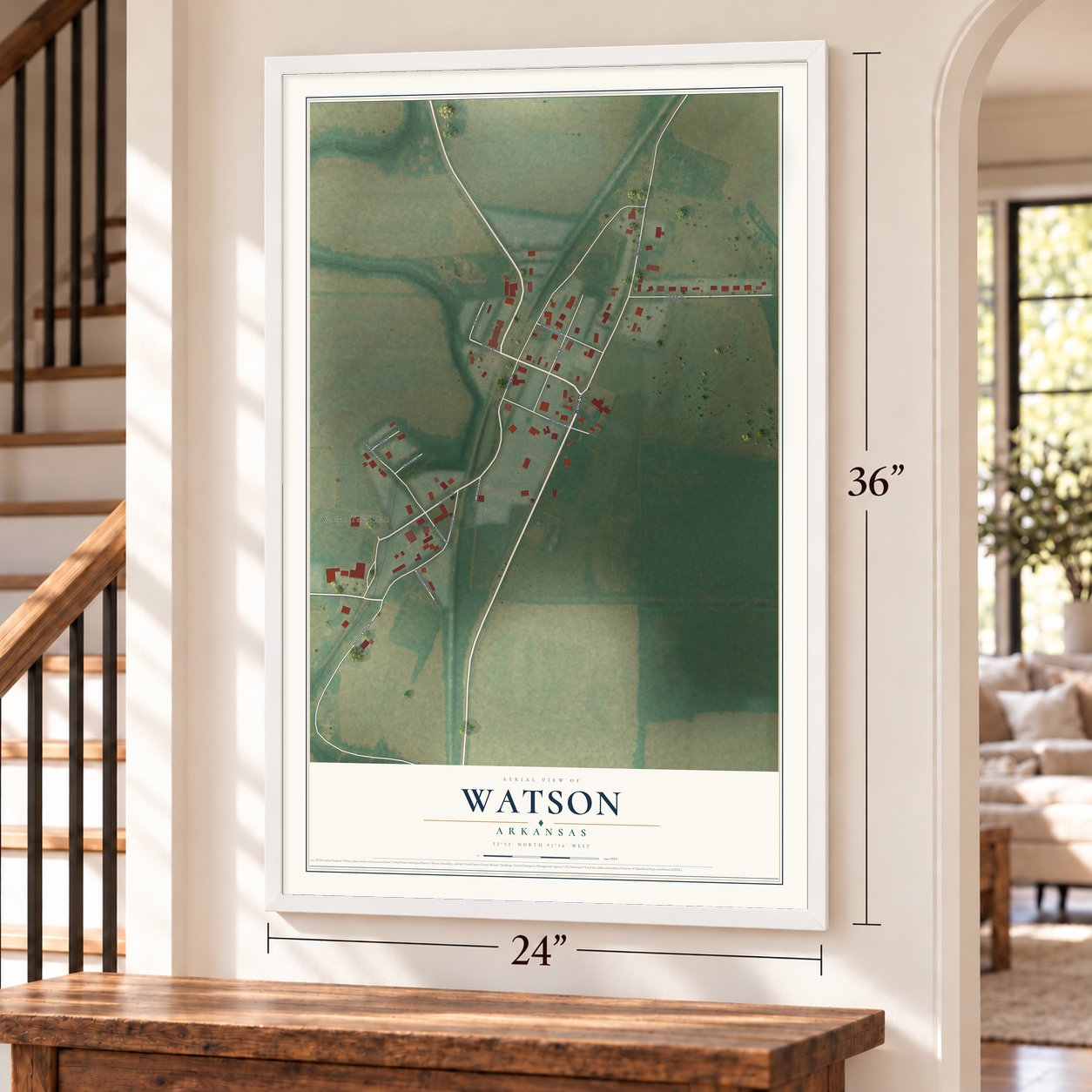 Watson, Arkansas map, 24 x 36 inch print in a white frame by a staircase