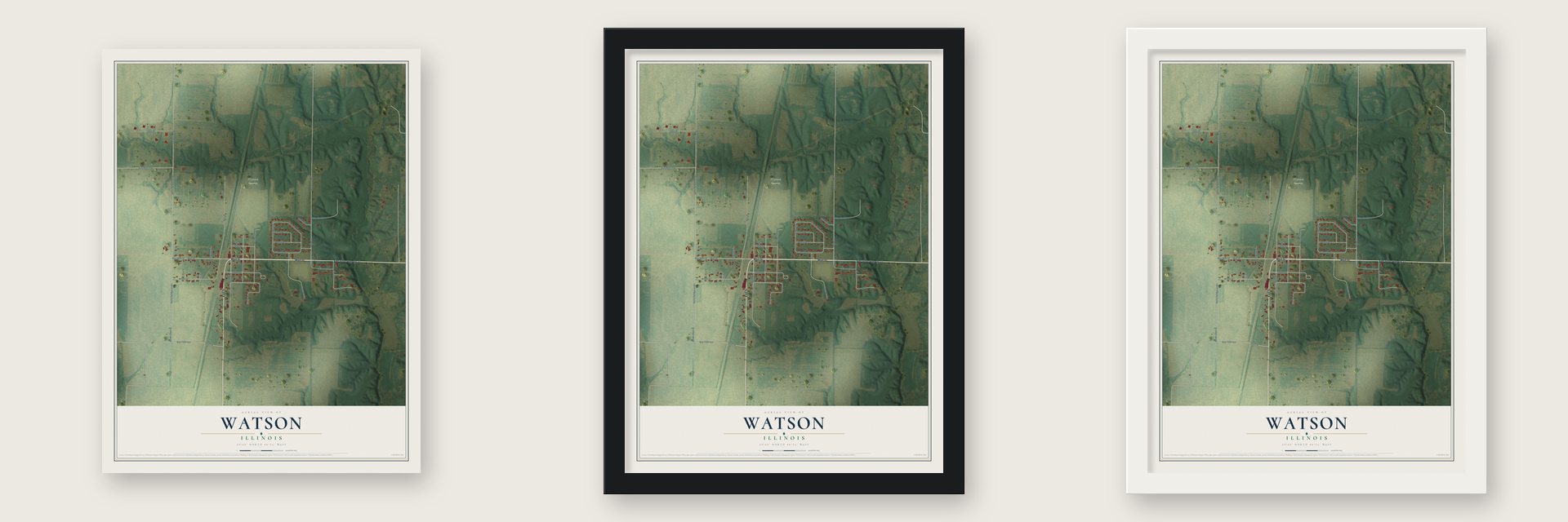 Watson, Illinois map unframed, in a black wood frame and in a white wood frame