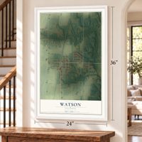 Watson, Illinois map, 24 x 36 inch print in a white frame by a staircase