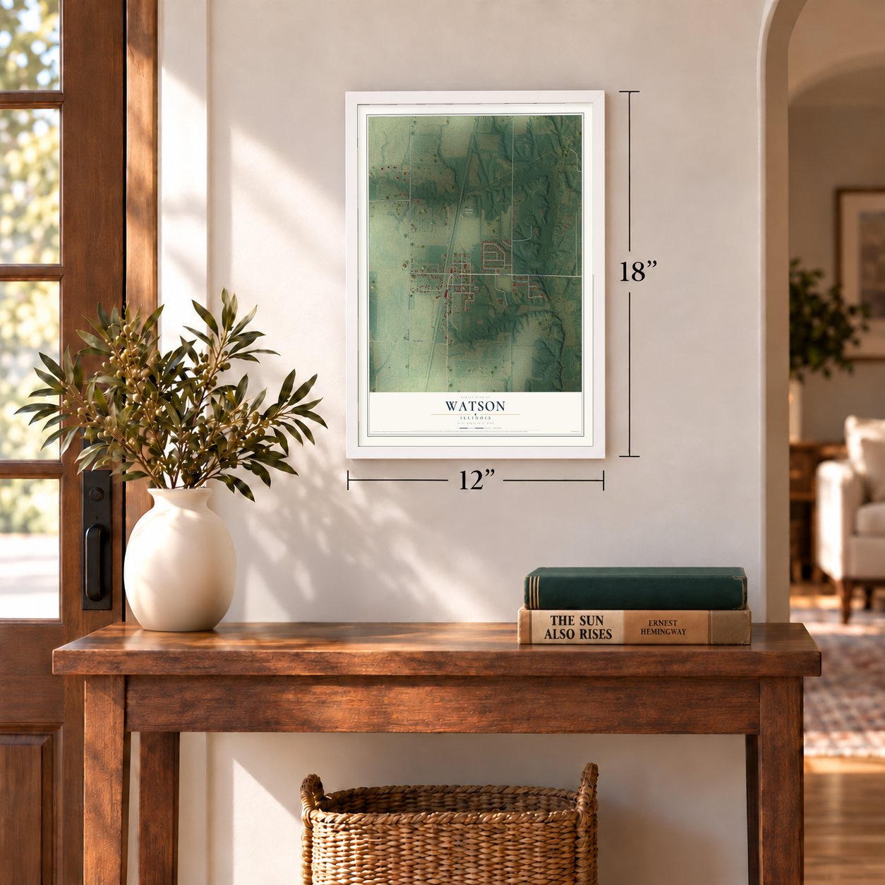 Watson, Illinois map, 12 x 18 inch print in a white frame in an entryway