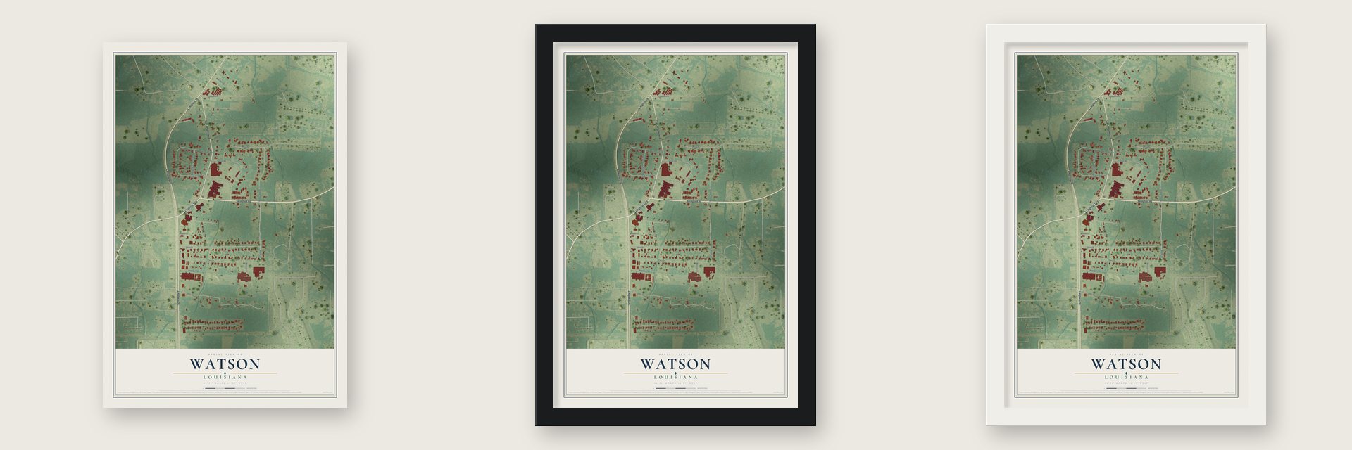 Watson, Louisiana map unframed, in a black wood frame and in a white wood frame