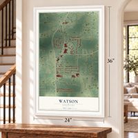 Watson, Louisiana map, 24 x 36 inch print in a white frame by a staircase