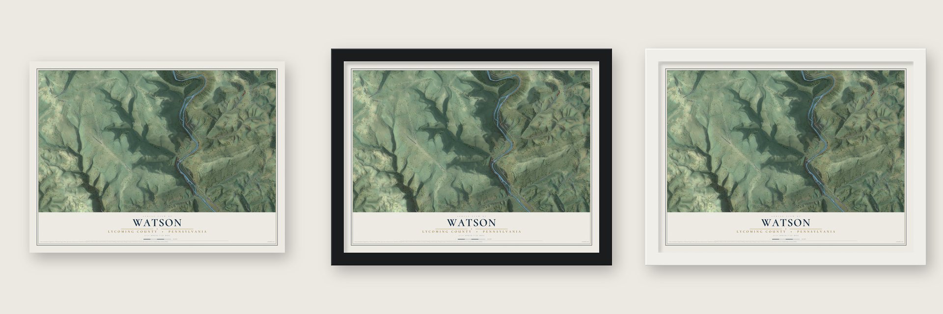 Watson, Lycoming County, Pennsylvania map unframed, in a black wood frame and in a white wood frame