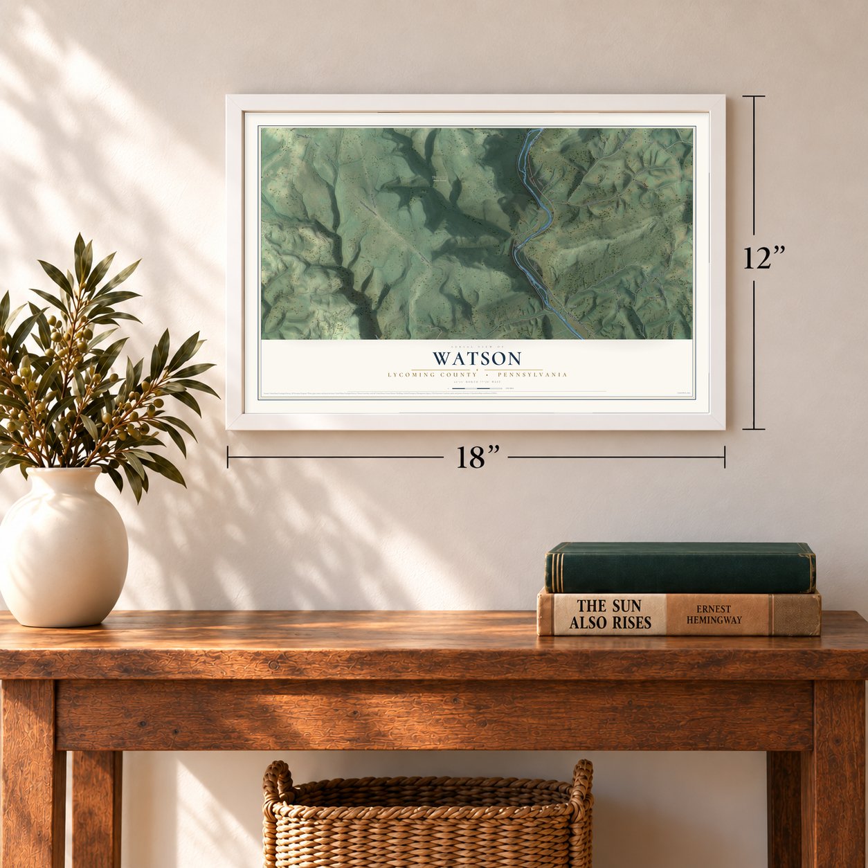 Watson, Lycoming County, Pennsylvania map, 12 x 18 inch print in a white frame in an entryway