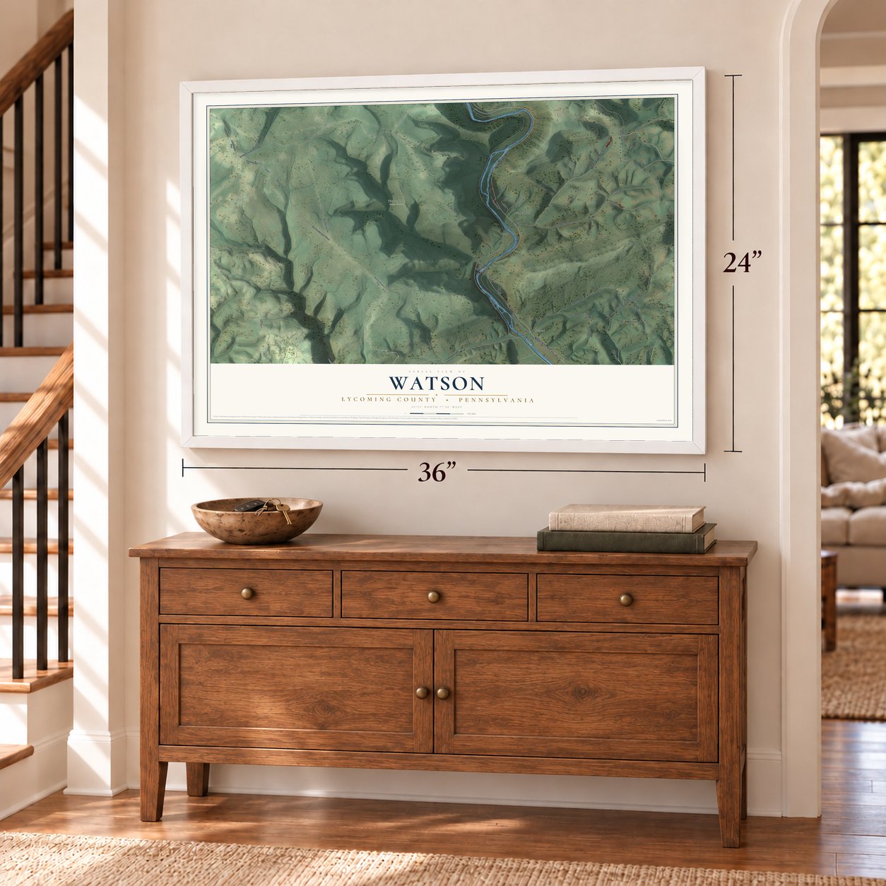 Watson, Lycoming County, Pennsylvania map, 24 x 36 inch print in a white frame above a dresser by a staircase