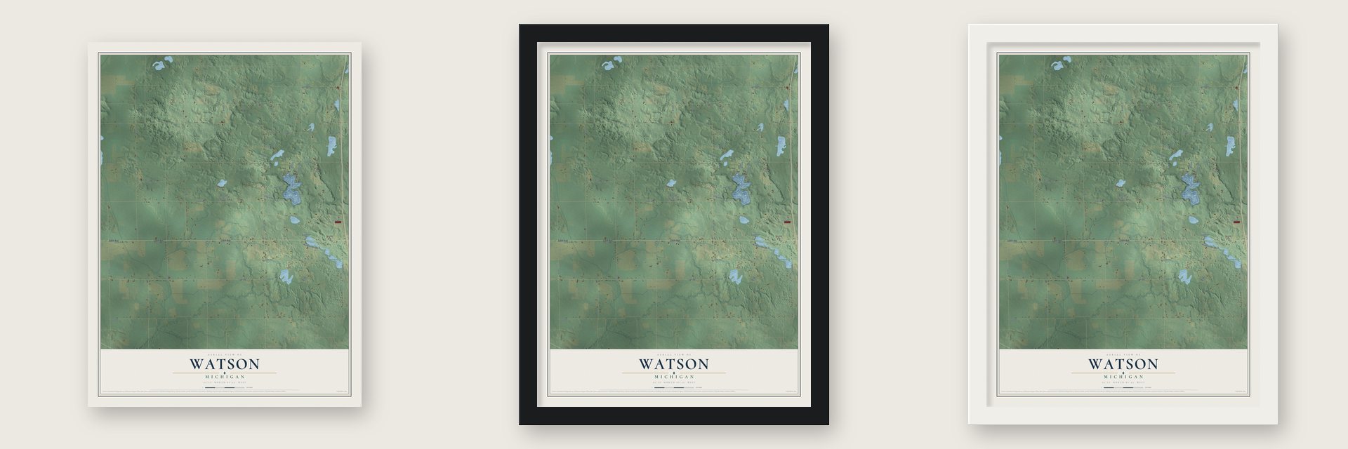 Watson, Michigan map unframed, in a black wood frame and in a white wood frame